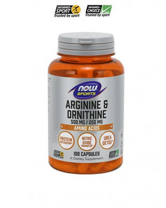 NOW Sports Arginine & Ornithine 500mg | 250mg 100 Cápsulas - Celeiro da Saúde Lda