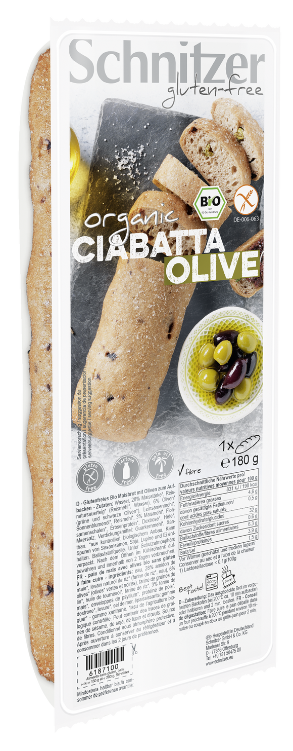 Ciabatta com Azeitonas Sem Glúten Bio 180g - Schnitzer - Crisdietética