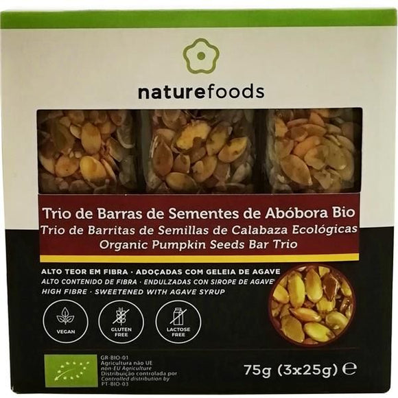 Trio de Barras com Sementes de Abóbora Biológico 75g - Naturefoods - Crisdietética